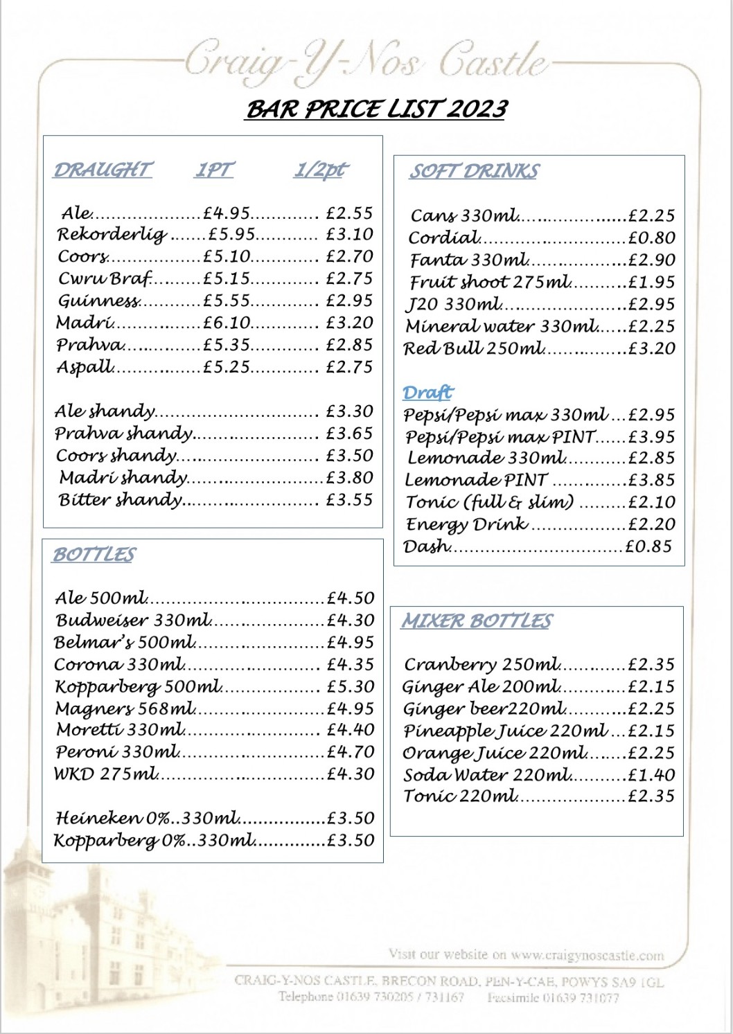 Craig y Nos Castle Wedding Bar Prices Beers