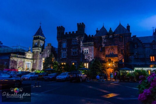 Castle Wedding Venue Courtyard at Craig y Nos Castle at night