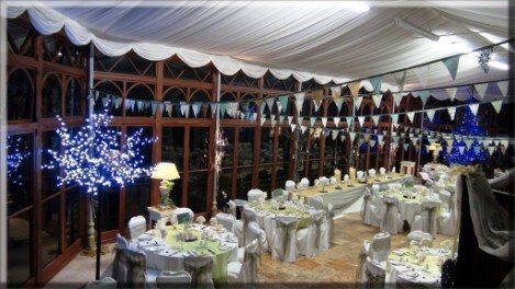 Conservatory Bunting Craig y Nos Castle wedding Wedding Banquet Craig y Nos Castle white and yellow table decor bunting