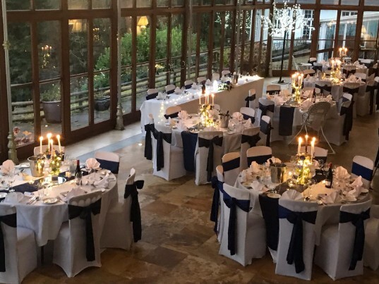 Craig y Nos Castle Wedding Venue with the Conservatory set up for a wedding breakfast blue and white