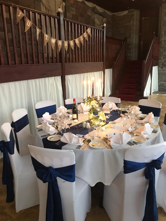 Craig y Nos Castle Wedding Venue with the Conservatory set up for a wedding breakfast blue and white