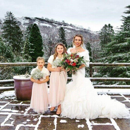 Conservatory Terrace Craig y Nos Castle, Bride in Snow, overlooking Brecon Beacons