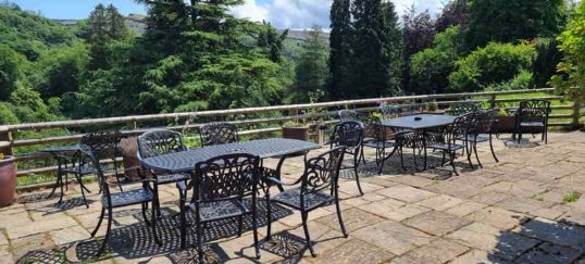 Conservatory Terrace Craig y Nos Castle, Bride in Snow, overlooking Brecon Beacons