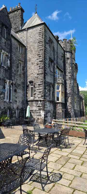 Conservatory Terrace Craig y Nos Castle, Bride in Snow, overlooking Brecon Beacons