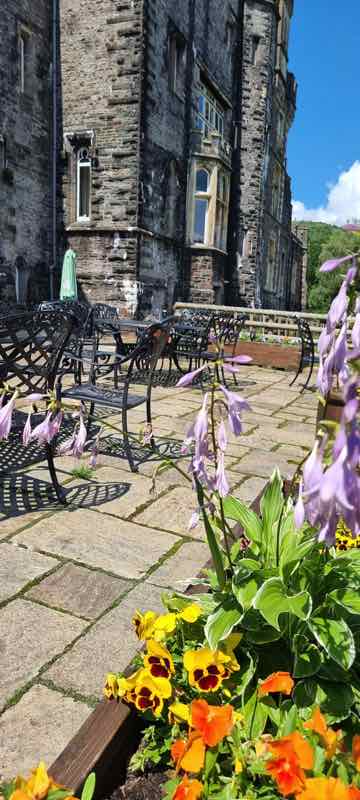 Conservatory Terrace Craig y Nos Castle, Bride in Snow, overlooking Brecon Beacons