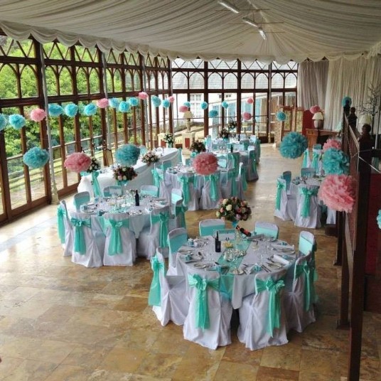 Craig y Nos Castle Wedding Reception turquise Sashes Conservatory