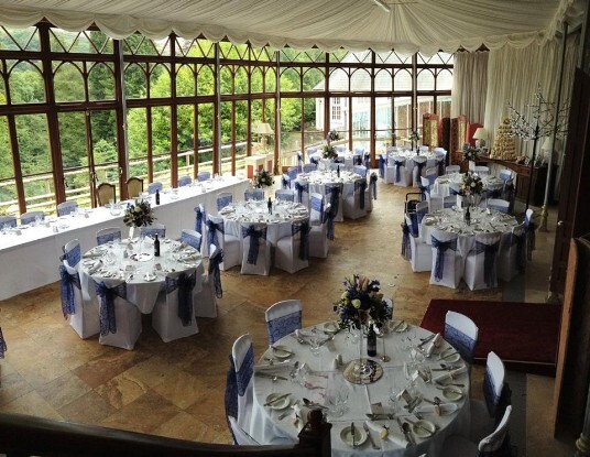 Craig y Nos Castle Wedding Reception pale purple Sashes Conservatory