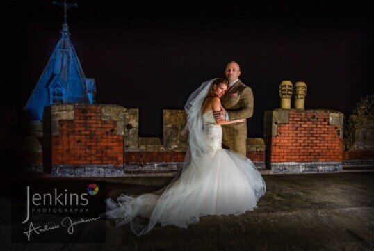 Bride on roof at Craig y Nos Castle Wedding Venue South Wales