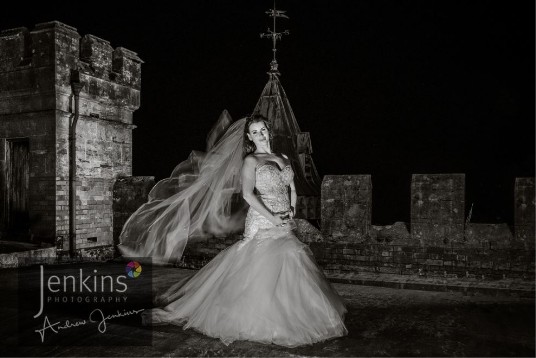 Bride on roof at Craig y Nos Castle Wedding Venue South Wales