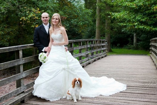 Bridal Couple on Bridge Craig y Nos Country Park Weddings with dog Craig y Nos Country Park Bridge