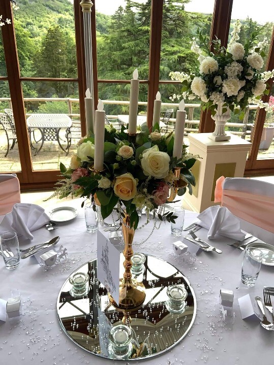 Craig y Nos Castle Wedding Venue Swansea Conservatory Wedding Breakfast pale yellow ribboned chair covers