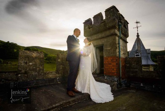 Wedding Couple on the roof of Craig y Nos Castle wedding venue