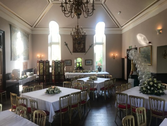 Craig y Nos Castle Wedding Venue Swansea Conservatory Wedding Breakfast pale yellow ribboned chair covers