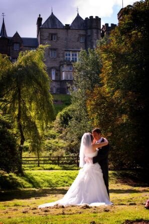 Wedding Couple in lower Gardens at Craig y Nos Castle Ceremony Only Weddings Venue South Wales Craig y Nos Castle