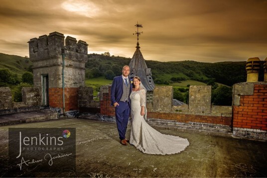 Couple on roof at Craig y Nos Castle Wedding Venue in Wales