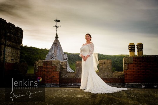 Bride on the roof of Craig y Nos Castle Wales Wedding Venue