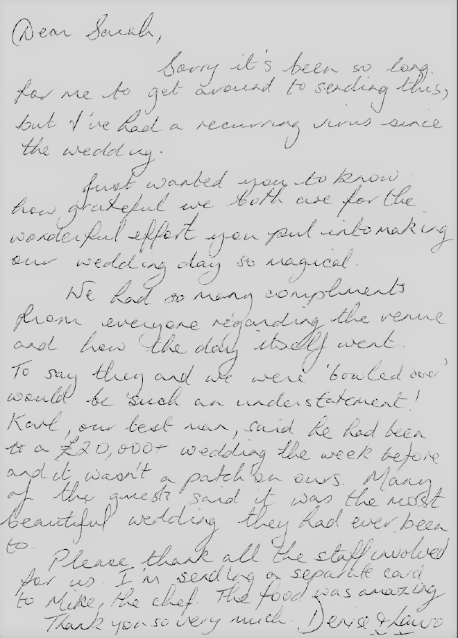 Wedding Thank you letter November 2017 Wedding Thank you letter November South Wales Wedding Venue Craig y Nos Castle