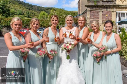 Wales Castle Wedding Venue Bridesmaids Courtyard Craig y Nos Castle