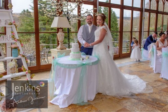 Wedding Reception Wales Craig y Nos Castle Couple and turqpoise themed cake