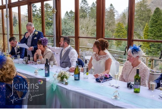Wedding Rececption Wales Craig y Nos Castle head table turquise