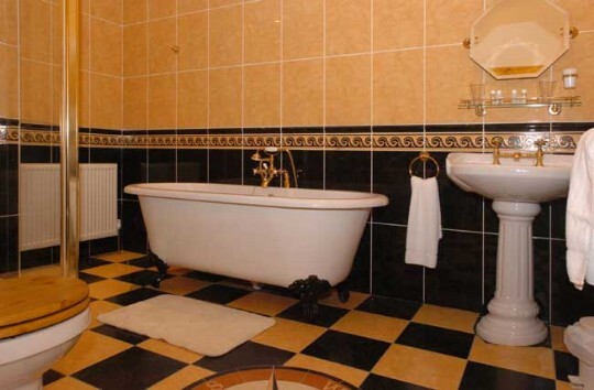 The large bathroom for AB21 with roll top bath, compass tiles on floor, and large double shower unit Wedding Venues South Wales - Craig y Nos Castle Accommodation Room AB21 Bathroom
