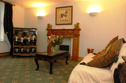 Craig y Nos Castle Accommodation Room 31 (known as The Duplex) Lounge with Sky TV in corner TV box Wedding Venues South Wales - Craig y Nos Castle Accommodation Room 31 The Duplex Lounge