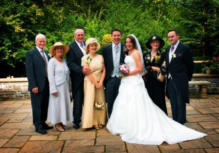 Wedding Guests on Theatre Terrace at Craig y Nos Castle, Weddings in Wales