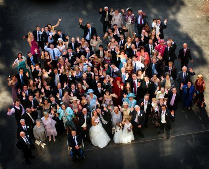 Wedding Guests in Courtyard at Craig y Nos Castle Wedddings in Wales