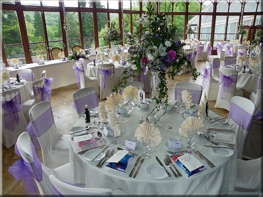 pale purple ribbons on white chair covers and white table cloths in the Conservatory at Craig y Nos Castle pale purple chair ribbons on white covered chairs for a wedding reception in the conservatory at Craig y Nos Castle