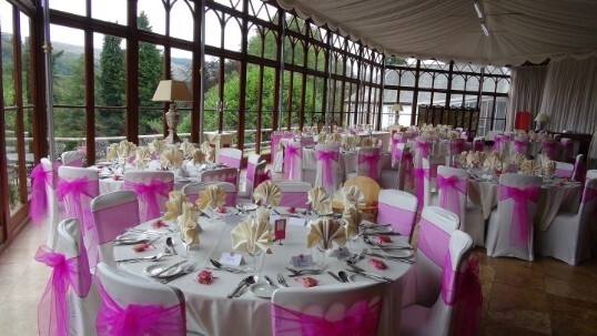 Craig y Nos Castle Wedding Venue Swansea Conservatory with light purple chair covers