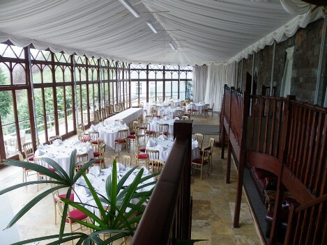 Craig y Nos Castle Wedding Venue Swansea Conservatory Wedding Breakfast room showing white ceiling