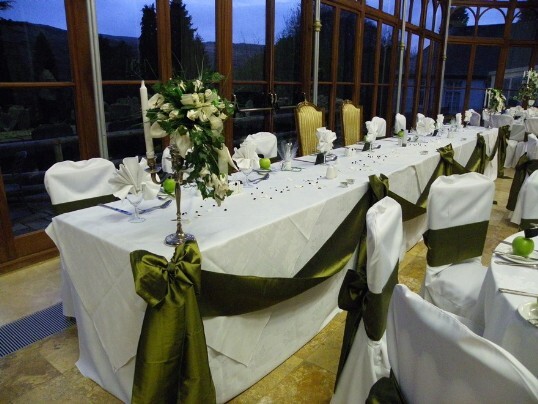 Craig y Nos Castle Wedding Venue Swansea Conservatory Wedding Breakfast green and white apple theme