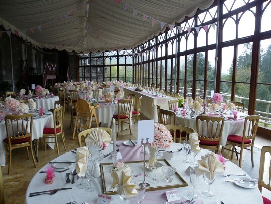Craig y Nos Castle Wedding Venue Swansea Conservatory Wedding Breakfast pink flowers theme