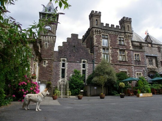 Clock tower, to its right, the billiard room, then the castellated section added by Adelina Patti with turrets Craig y Nos Castle Wedding Venue Swansea Front Courtyard with Sheeba white alsation in the foreground