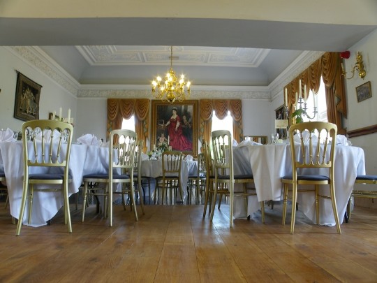 Photo taken from floor of the billiard room looking up to the ceiling of the music room in main function room Newly laid character oak flooring in the Billiard Room of Craig y Nos Castle Wedding Venue