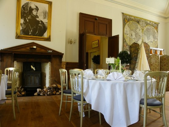Billiard Room half of the main function room looking towards doors leading to the Main Patti Bar Craig y Nos Castle Wedding Function Room and fireplace