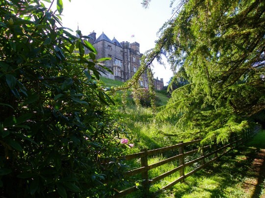 Castle as seen from lower gardens paths through tall trees overlooking terraces Craig y Nos Castle and its Lower Gardens