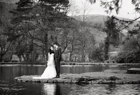 Wedding Couple by Craig y Nos Country Park Lake by Gareth Jones Wedding Photographer
