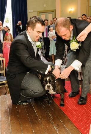 Wedding Ceremony at Craig y Nos Wedding Castle with their Dog carrying the Rings