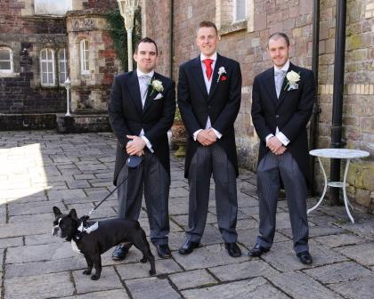 Dog and Wedding Guests on Theatre Terrace at Craig y Nos Castle Wedding Venue